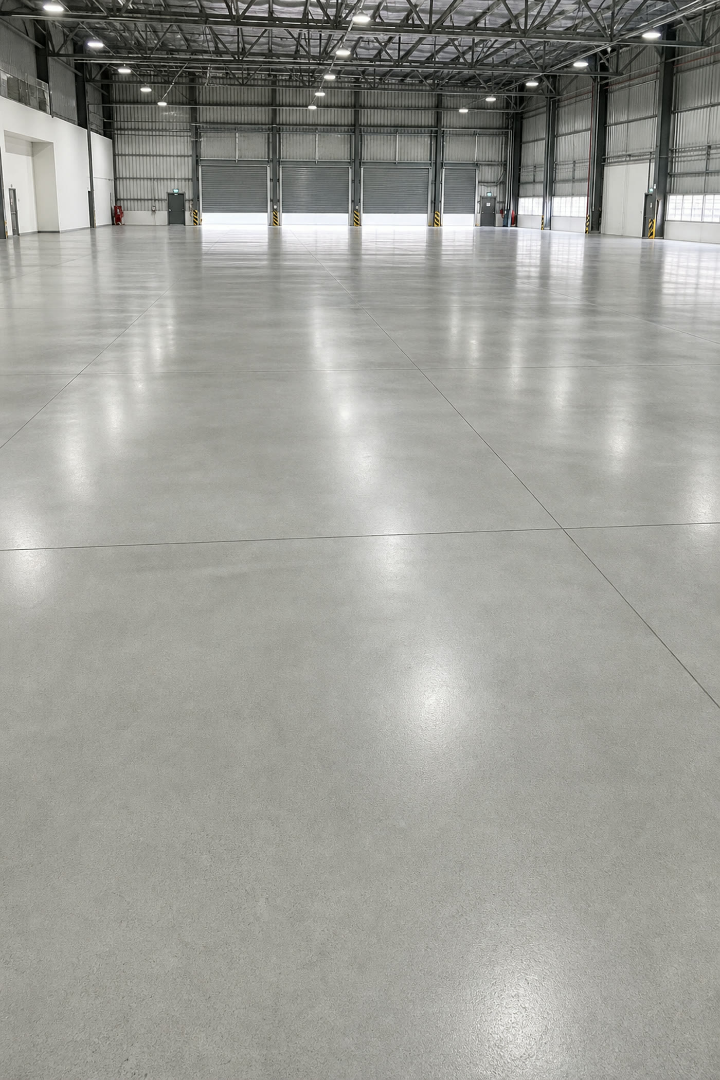Finished industrial concrete floor with broad floor area visible